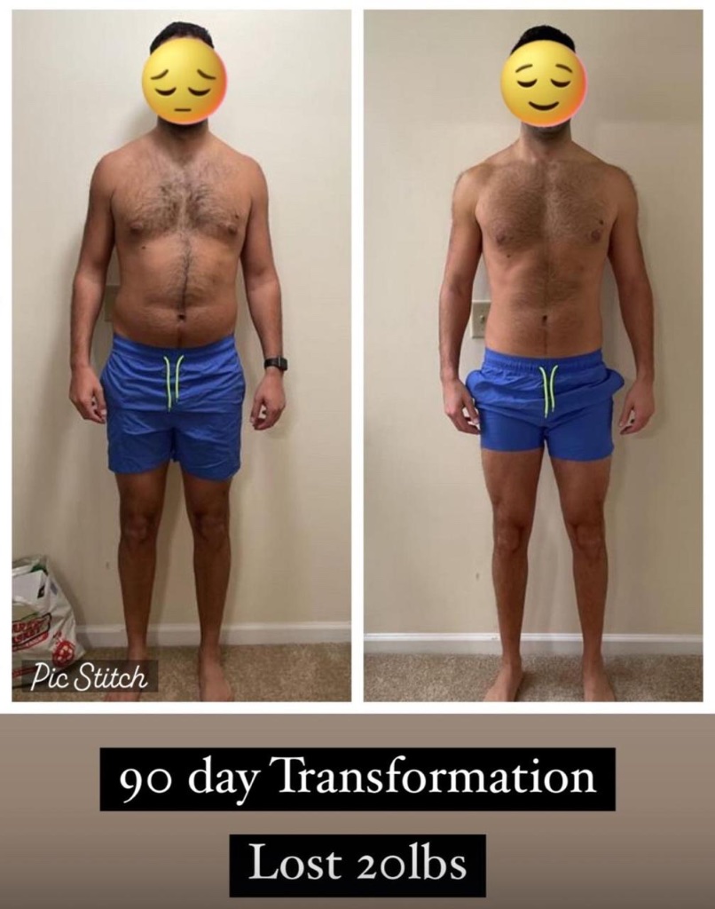 Before and after transformation, down 20lbs in 90 days