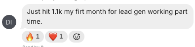 Member message: first 1.1k month from lead gen working part time