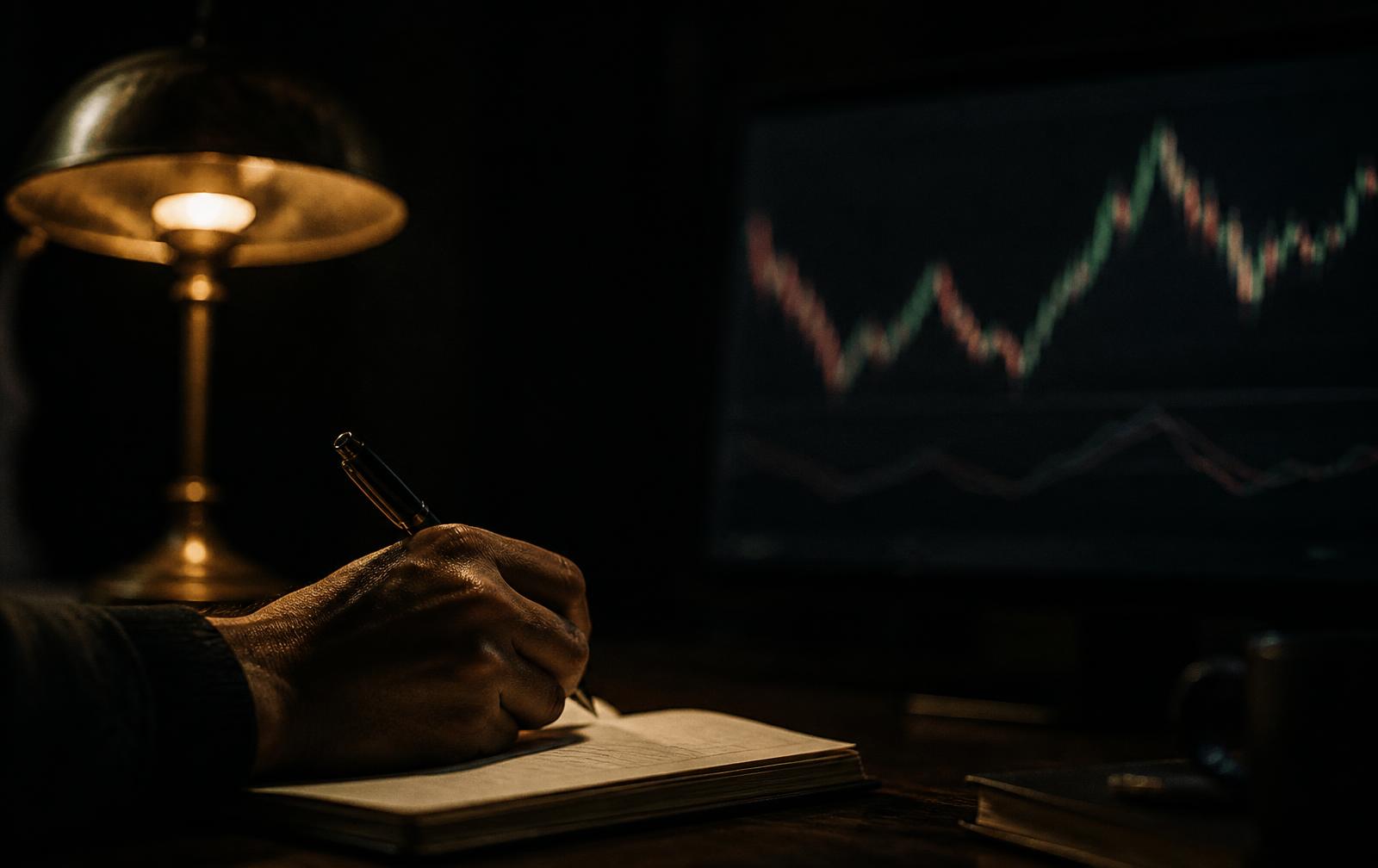 Hands taking notes beside a dimmed screen showing a market chart